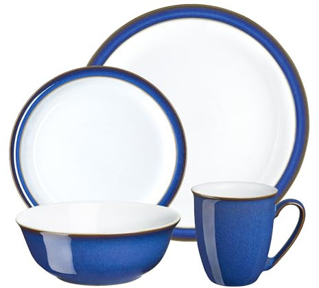 Denby - Imperial Blue Dinner Set For 4 - 16 Piece Ceramic Tableware Set Blue, White - Dishwasher Microwave Safe Crockery Set - 4 x Dinner Plate, 4 x Small Plate, 4 x Cereal Bowl, 4 x Coffee Mug