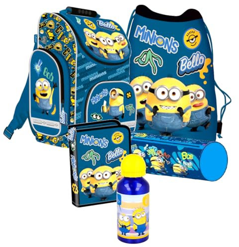 MINIONS 5 Teile Set blau Schulranzen Ranzen Federmappe Tornister mit Sticker-von-Kids4shop
