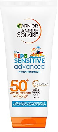 Garnier Ambre Solaire Kids Sensitive Hypoallergenic Sun Protect Lotion Tube SPF 50+ Very High Protection Sunscreen Against UVA & UVB, Easy Use Non Sticky Water Resistant Lotion, for Face & Body, 200ml