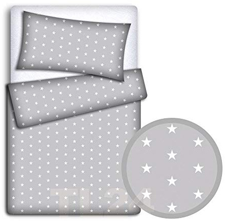Babymam BABY BEDDING SET PILLOWCASE + DUVET COVER 2PC TO FIT JUNIOR BED (White stars on grey background)