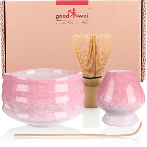 Goodwei Matcha Kit | Bol Matcha Artisanal Chawan, Cuillère e Fouet à Matcha avec Support de Fouet en Céramique au design assorti | Service à Thé Japonais (Sakura, 120)