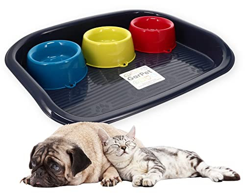 GarPet Futterstation Hund 3 Näpfe Futterbar mit Rückwand Spritzschutz Hundebar Futternapf Wassernapf Unterlage Matte Hunde Katzen