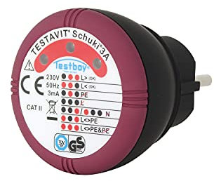 Testavit Schuki 3A Steckdosenprüfgerät (Glimmlampen Anzeige, 230 V, Schutzart IP 40, sichere Überprüfung, Spannungsversorgung über Testgerät), Rot/Schwarz