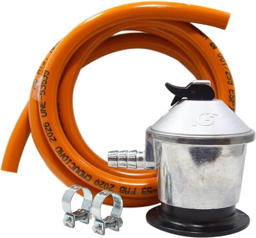 REPORSHOP - Kit Completo para Instalaciones de Gas Butano y Propano - Regulador de Gas con Caudal 2,5 kg/h - Tubo Manguera Butano 1,5 mt Diámetro 9-15 mm - 2 Abrazaderas