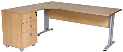 Furni24 Schreibtisch Winkelschreibtisch, Eckschreibtisch, Moderner Bürotisch Computertisch mit großer Arbeitsfläche, Bürotisch, PC Tisch, Dona Buche 180x120x74cm inkl.Beistellcontainer Links gewinkelt