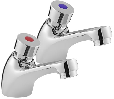 Deva NCT001 Chrome Non Concussive Push Button Basin Taps Hot & Cold - Toilet Ensuite Public Dementia Alzheimer’s Water-Saving Safety Tap - Dual Silver Pair Set Sink Press Faucet – 12 Year Warranty