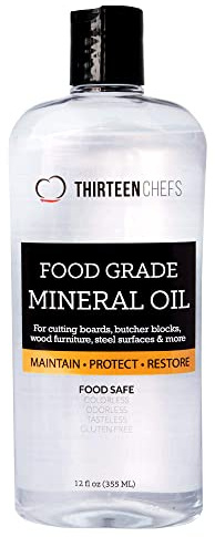 Thirteen Chefs Mineral Oil - 12oz Food Grade Conditioner for Wood Cutting Board, Countertop & Butcher Block, Lubricant for Knife or Meat Grinder - Safe USP Finish on Marble, Soapstone