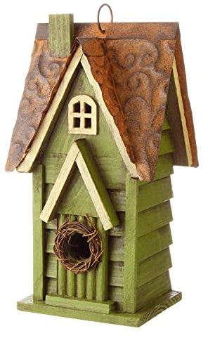 Glitzhome 12 H Green Hanging Distressed Solid Wood Garden Bird House Decorative Birdhouse