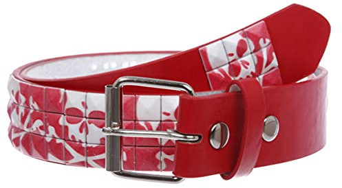 Gürtel zum Aufstecken, 3,8 cm, Totenkopf- und Kreuzknochenmuster, Punkrock-Nietengürtel - Rot - S-81 cm