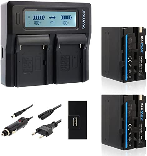 2X Blumax Akku NP-F970 / NP-F960 LG Zellen 7850mAh + Doppelladegerät Dual Ladegerät | kompatibel mit Sony NP-F750 NP-F550 NP-F990 für Blitzgeräte Videoleuchten Fieldmonitore