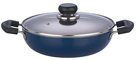 Vinod Zest Non-Stick Deep Kadai with Glass Lid 24cm, 3.1L | Riveted Bakelite Handles | PFOA Free | 3mm Thick Base | Gas Stove Compatible | Blue Finish Easy to Clean | Ideal for Stir-Fries & Curries