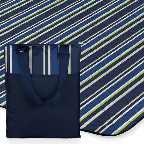 ONIVA - a Picnic Time brand - Vista Outdoor Picnic Blanket & Tote - Beach Blanket - Camping Blanket, (Blue Stripe Pattern with Navy Blue Exterior)