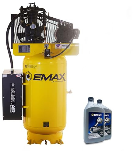 EMAX E350 Stationary Air Compressor - 5HP 80 Gal 2 Stage Silent Air System with Pressure Lubricated Pump & Quiet Design - ES05V080I1
