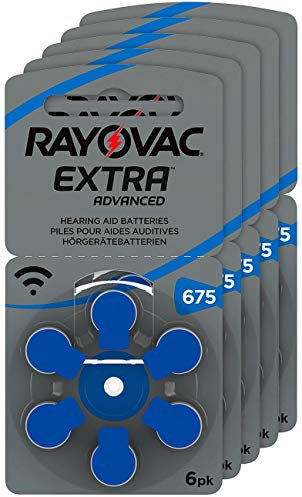 Rayovac, batterie per apparecchi acustici, 675 Extra Advanced, 1,45 V, 640 mAh, 5 confezioni da 6.