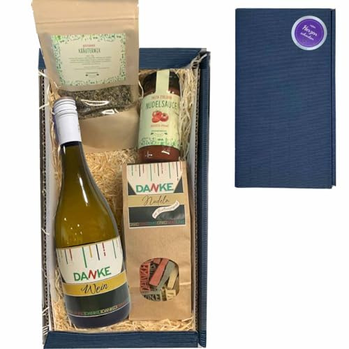 Firlefantastisch Der Partyshop Geschenkset Danke mit Wein, Nudeln, Sauce und Kräutermix // Feinkostgeschenk Danke sagen