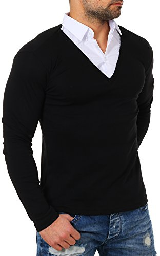 Young & Rich Herren 2in1 Longsleeve Hemd Kragen Shirt Pullover Langarm mit tiefem V-Ausschnitt einfarbig Slimfit Stretch 22235, Grösse:S, Farbe:Schwarz