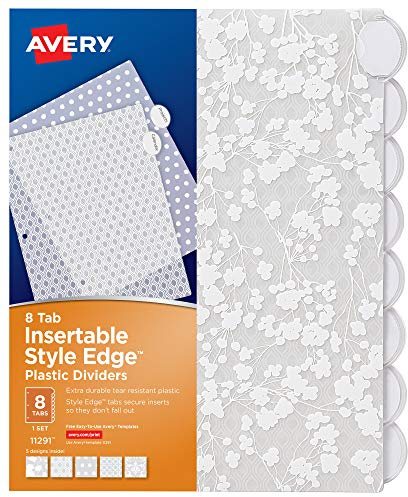 Avery Insertable Style Edge Plastic Dividers for 3 Ring Binders, 8-Tab Set, Assorted White Frosted Designs, 1 Set (11291)