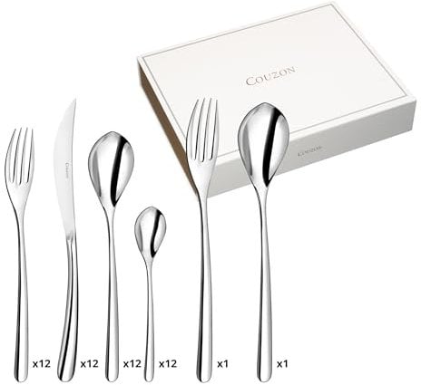 COUZON - Ménagère 50 couverts de table en coffre bois pour 12 personnes - Eole - Acier inoxydable 18/10, Finition Miroir, Epaisseur 2.5 mm - Inox