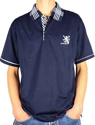 I LUV LTD Mens Scotland Lion Tartan Collar Polo Shirt Navy Blue 2X-Large