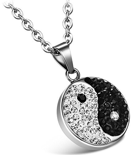 Flongo Damen Halskette Herren Anhänger Kette, Edelstahl Anhänger Halskette Strass Silber Schwarz Tai Chi Bagua Yin und Yang, mit 55cm Kette