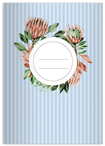 Kartenkaufrausch 2 personalisierte, Exotische Vintage DIN A4 Schulhefte, Rechenhefte mit Protea Blüten auf Streifen in hellblau Lineatur 7 (Kariertes Heft)
