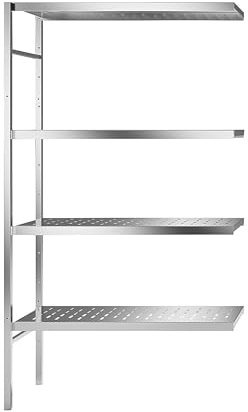 kaiserkraft | Edelstahl-Steckregal | 4 gelochte Fachböden | Fachbodenbreite x Tiefe 940 x 440 mm | Eck-Anbauregal