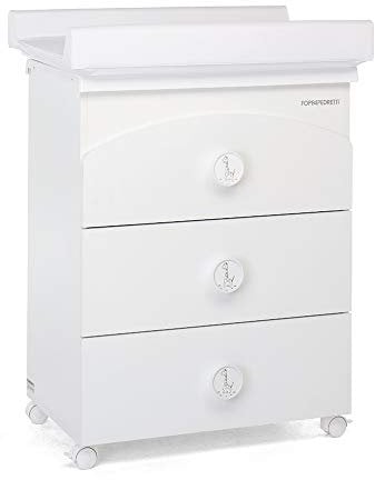 Foppapedretti Bagnetto Fasciatoio Raffy, Legno, Made in Italy, 3 Cassetti, Piano Fasciatoio Ribaltabile, Vaschetta Anatomica Estraibile, 4 ruote, Materissani Incluso, 69x50x131 cm, Bianco