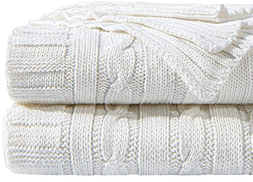 NTBAY 100% Pure Cotton Cable Knit Throw Blanket, Super Soft Warm 130x170 Knitted Throw Blanket for Couch, Sofa, Chair, Bed - Extra Cozy, Machine Washable, Comfortable Home Decor, White, 130x170 cm
