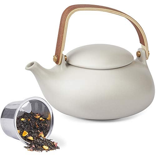 ZENS Japanische Vintage-Teekanne mit Sieb, 765 ml, matte Keramik, lose Blätter, Teekanne mit Teesieb, Holzgriff, graue japanische Teekannen, Heißtee-Brauer für Frauen, Tee-Liebhaber, Geschenke