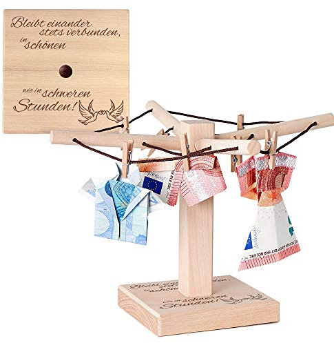 Casa Vivente Wäsche-Spinne aus Holz mit Gravur zur Hochzeit, Bleibt Einander Stets Verbunden, Motiv Tauben, Verpackung für Geldgeschenke, Hochzeitsgeschenk, ca. 20 x 12 cm