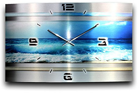 Kreative Feder „Abstrakt“ - Designer-Wanduhr aus gebürstetem Aluminium Größe 50x30cm mit leisem Uhrwerk wahlweise Funk oder Quarz (Blue Ocean Metallic, leises Funkuhrwerk)