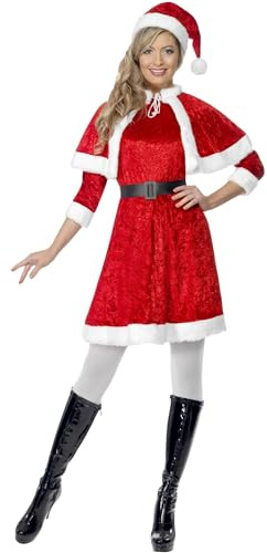 Smiffys Miss Santa Costume, Red with Dress, Cape, Hat & Belt, Christmas Adult Fancy Dress, Santa Dress Up Costumes