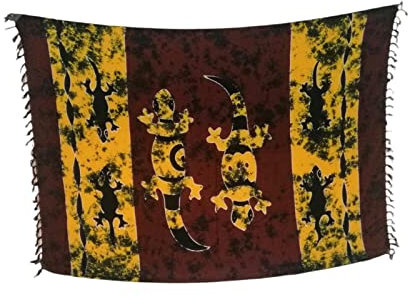 Kascha Sarong Pareo Wickelrock Strandtuch Tuch Wickeltuch Handtuch - Blickdicht - ca. 170cm x 110cm - Rot Gold Batik mit Gecko Motiv Handgefertigt inkl. Kokos Schnalle in Rauteform