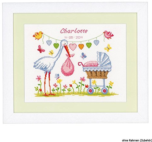 Vervaco Birth Record Stork and Pram Counted Cross Stitch Kit, Multi-Colour