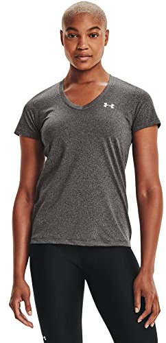 Under Armour Women Tech Short Sleeve V - Solid, Ladies T Shirt Made of 4-Way Stretch Fabric, Ultra-Light & Breathable Running Apparel for Women Carbon Heather