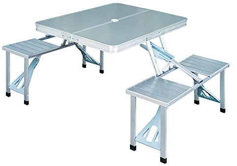 Outsunny Mesa Maleta de Camping Plegable Portátil con 4 Asientos y Agujero para Sombrilla Estructura de Aluminio para Playa Picnic 136x85,5x66 cm Plata