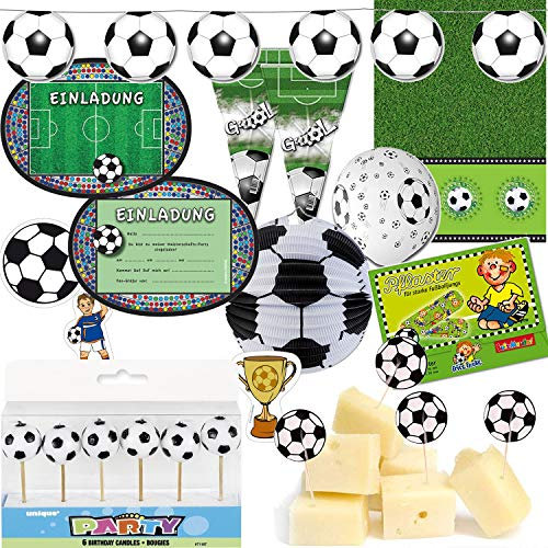 163-tlg Party Set * FUSSBALL * für Kindergeburtstag und Motto-Party für 6-8 Gästen mit Einladungen Partytüten Laterne Tischdecke Picker Medaillen Wimpelkette Kerzen Konfetti Pflaster Ballons uvm