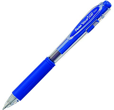 Pentel Wow! Retractable Gel Roller Pens, Medium Point, 0.7 mm, Clear Barrel, Blue Ink, Pack of 12
