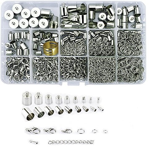 Lollibeads (TM) (1000 Pcs) Silver Plated Barrel Leather Cord Ends Cord End Cap 3mm-12mm, Lobster Clasp 10mm 12mm 14mm,Jump Ring 5mm-8mm, Jump Ring Open Tool and Extension Chains Kits Assorted Pack