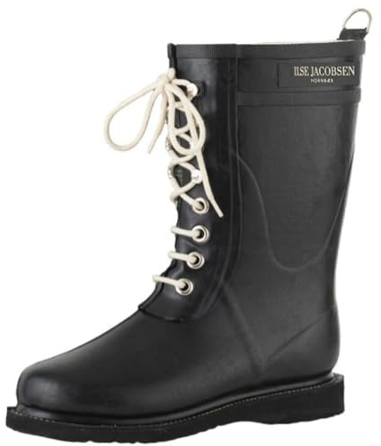Ilse Jacobsen HORNBÆK | Halbhohe Damen Gummistiefel aus Natur Bio Gummi | Wasserdicht | PVC Frei | 3/4 Lange Stiefel mit Schnürsenkel aus Baumwolle | RUB15 | Schwarz 37 EU