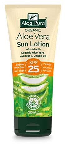 Lotion solaire Aloe Pura à l'aloe vera SPF 25, Naturelle, Végétarienne, Sans cruauté, Sans parabènes et SLS, Protection durable, Protection moyenne, 200 ml