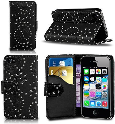Apple iPhone 4 / 4S Diamond Bling Glitter PU Leather Integrated Stand Wallet Flip Case Cover in BLACK with Screen Protector and Polishing Cloth