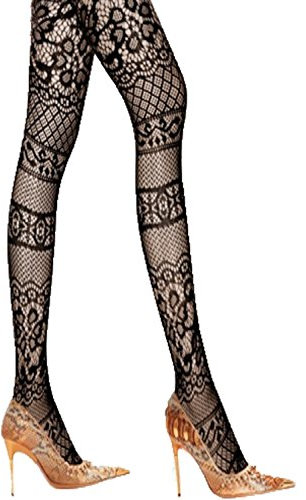 Yummy Bee - Collants Semi-opaque Motifs Noir Floral Rayé Cœurs Dentelle Couture (Multi)