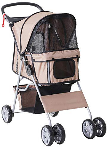PawHut Passeggino per Cani Pieghevole Carrello per Animali Domestici Carrello Carrozzina Caffè 75 x 45 x 97cm