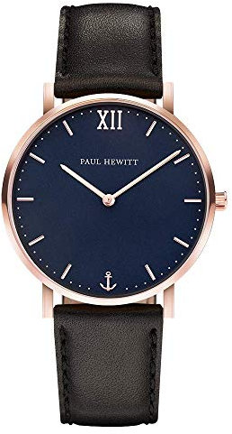 PAUL HEWITT Damenuhr Quarz Sailor Blue Lagoon – Roségold Gehäuse, Marineblaues Zifferblatt, Schwarzes Lederarmband, Elegant und Zeitlos, 36mm Gehäuse
