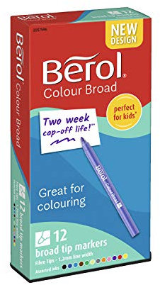 Berol Felt Tip Colouring Pens | Broad Point (1.2mm) | Assorted Colours with Washable Ink | 12 Markers
