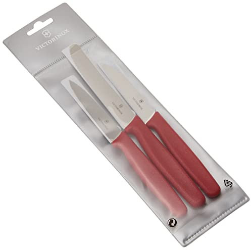 Victorinox Küchen-/Gemüsemesser-Set, 3-tlg., mit Kunststoff Griff, 2 x Wellenschliff, 1 x Gerader Schliff, rot, Standard, 5.1111.3