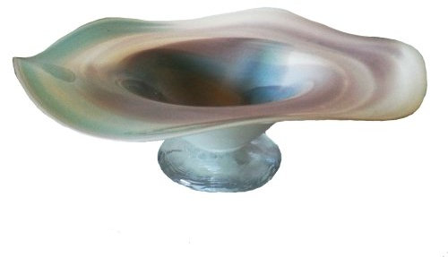 Oberstdorfer Glashütte Schale am Fuss farbige Glasschale türkis Weiss marmoriert mundgeblasenes Kristallglas Durchmesser ca. 16 cm