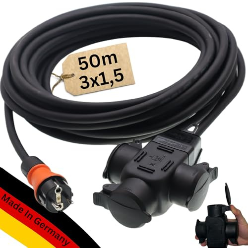 maxgo Verlängerungskabel 50m Außen 3Fach Verteiler Stromkabel Außenbereich Schuko Verlängerung 50 Meter Outdoor Kabel Steckdosenleiste 3-Fach Mehrfachstecker Multisteckdose H07RN-F 3x1,5