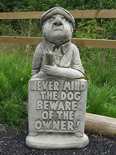 GUN MAN - NEVER MIND THE DOG BEWARE OF THE OWNER! - DETAILED CAST STONE GARDEN ORNAMENT STATUE/SCULPTURE